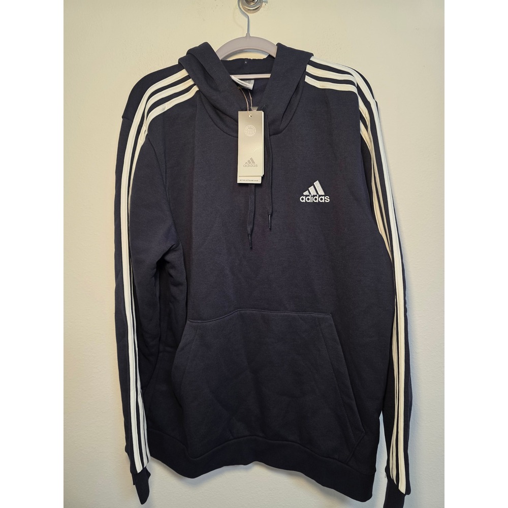 Adidas Mens Essentials 3-Stripes Fleece Pullover‎ Hoodie Navy Blue XL NWT